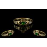 Ladies - Superb Quality and Pleasing 9ct Gold Coronet Ring, Set with Diamonds and Emerald.