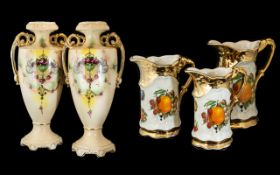 Pair of Large Victorian Urns, 19'' tall, twin handles, cream ground with gilt, and central floral