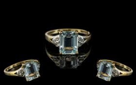 Ladies 9ct Gold Attractive Aquamarine and Diamond Set Ring. Full Hallmark to Interior of Shank.