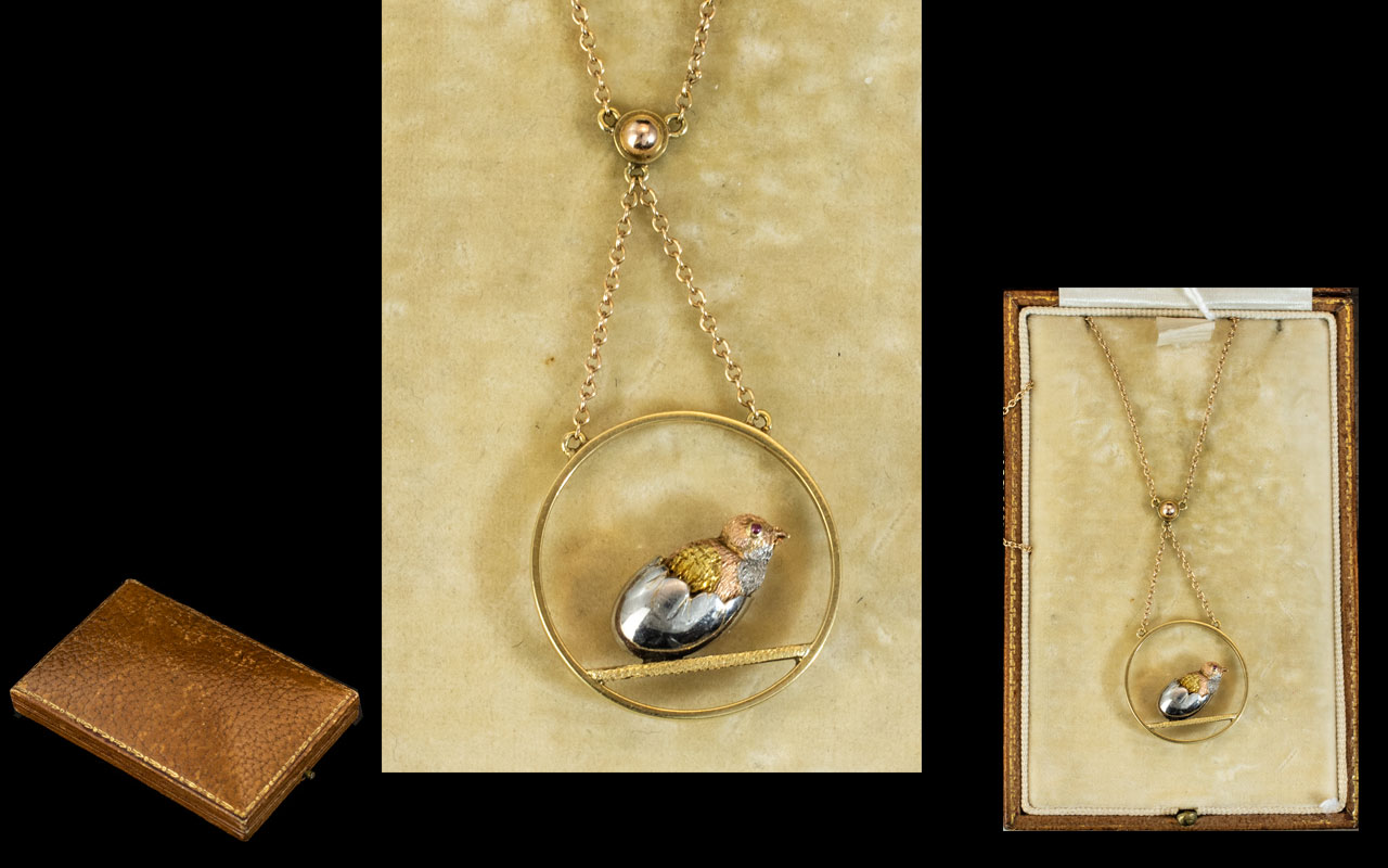 15ct Gold Antique Pendant, Showing A Chick Hatching From An Egg, Set In Three Coloured Gold With