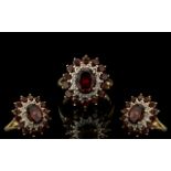 Ladies 9ct Gold Attractive Fire Garnet and Diamond Set Cluster Ring, Flower head Design. Full