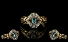 Ladies - Attractive 9ct Gold Aquamarine and Diamond Set Ring, Pleasing Design. Full Hallmark to