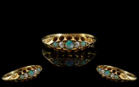 Antique Period - Petite 18ct Gold 5 Stone Diamond and Opal Set Ring, Gallery Setting. Not Marked but