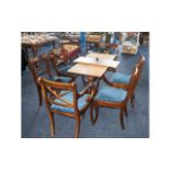 Mahogany Dining Table with Six Matching Chairs, upholstered in blue fabric, together with a matching
