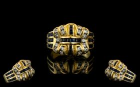 18ct Yellow Gold - Coronet Design Bespoke Sapphires and Diamond Set Dress Ring. Marked 18ct to
