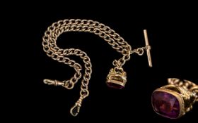 Antique Period - Good Quality Gold Plated Double Albert Watch Chain, With Attached T-Bar and Large