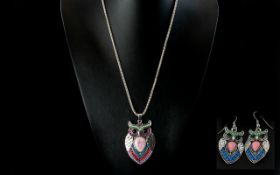 Stylised 'Owl' Pendant Necklace and Earrings Set, with polychrome crystals and beads set in white