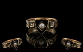 Victorian Period 9ct Gold and Black Enamel Set Mourning Ring. Hallmark Chester 1891, Inscription