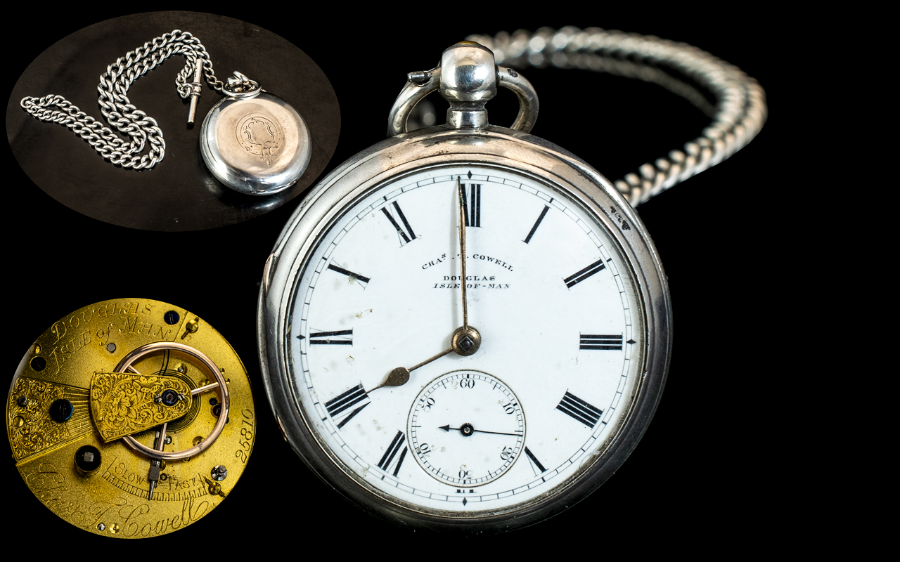 Charles - T - Cowell Douglas Isle of Man Signed Sterling Silver Open Faced Pocket Watch with