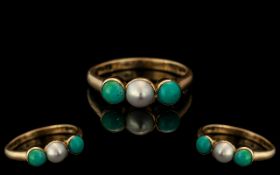 Antique Period - 15ct Gold Attractive 3 Stone Turquoise and Pearl Set Ring. All Marked 15ct to