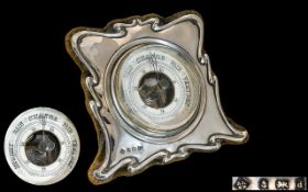 Edwardian Period Silver Framed Desk Barometer of Shaped Form, Velvet Back, Splat Missing. Hallmark