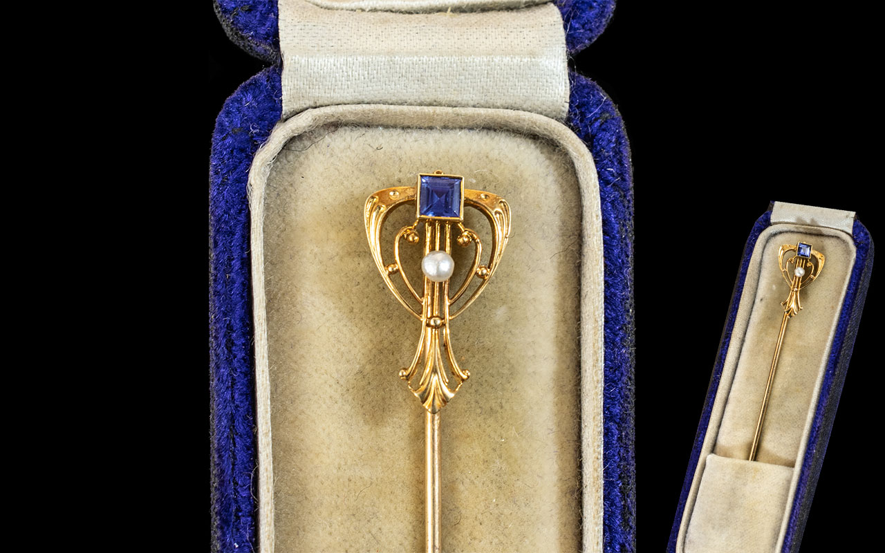 Antique 14ct Gold Art Nouveau Stick Pin, Set With A Calibre Cut Sapphire And Pearl In The Jugendstil