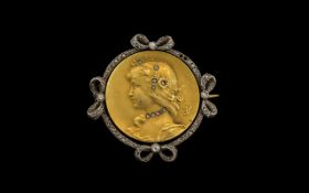 French 19th Century 18ct Gold Round Diamond Set Brooch. c.1880's. The Central Portrait Bust of a