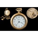 American Watch Company Waltham - Signed Keyless Gold Plated Open Faced Pocket Watch, With Attached