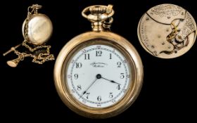 American Watch Company Waltham - Signed Keyless Gold Plated Open Faced Pocket Watch, With Attached