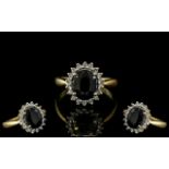18ct Yellow Gold - Attractive Sapphire and Diamond Set Cluster Ring. Full Hallmark to Interior of