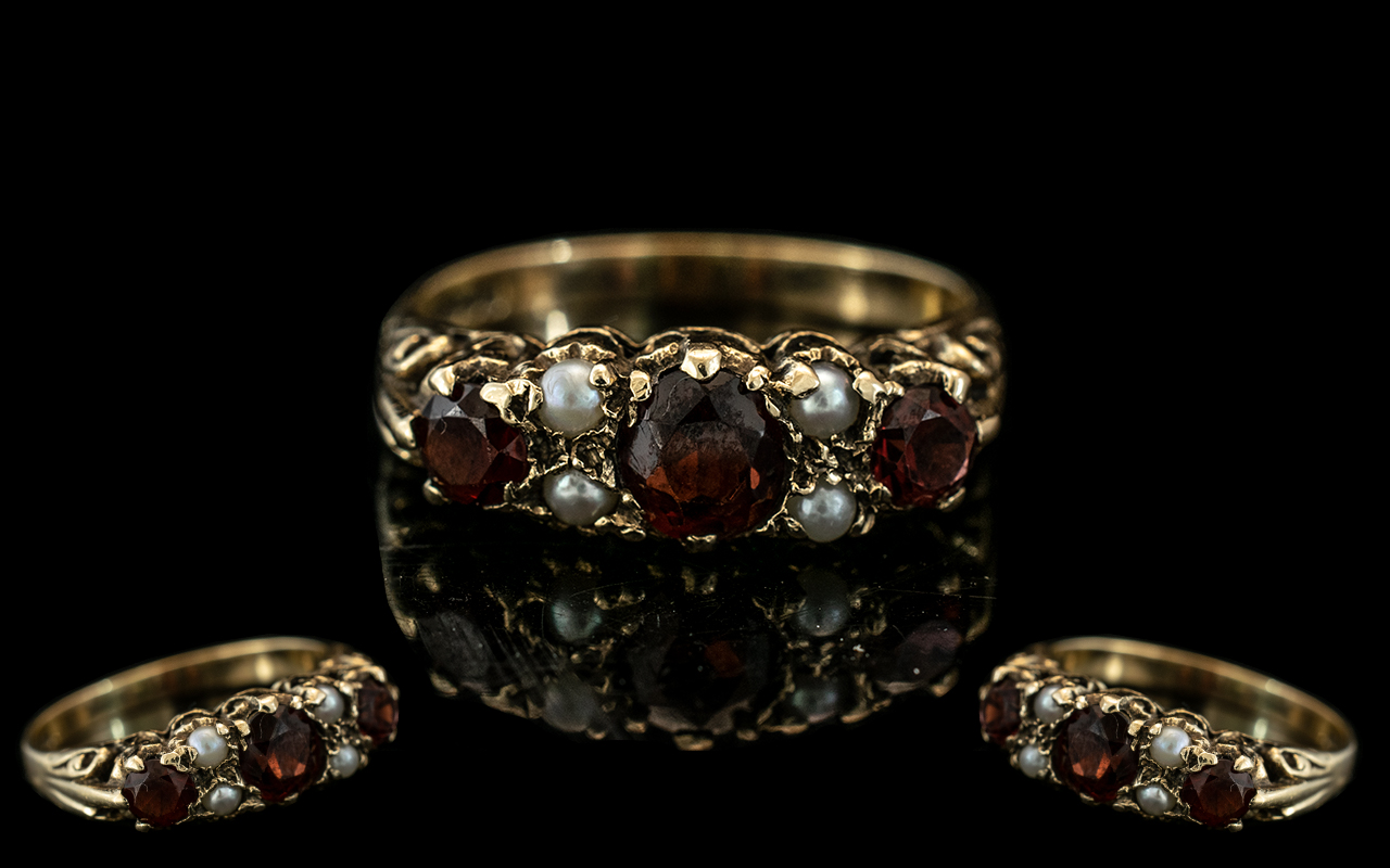 Ladies - Victorian Period 9ct Gold Attractive Garnet and Pearl Set Ring, Gallery Setting. Fully