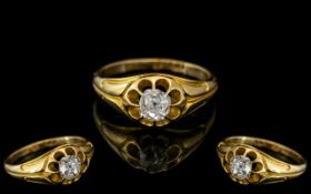 Antique Period - Excellent 18ct Yellow Gold Single Stone Diamond Set Ring. Gypsy Setting. Marked