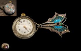 A Beautiful Enamel Plique - A - Jour Gem Set Brooch / Watch From the Early 20th Century. The