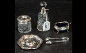 Small Collection of Silver, comprising a salt dish with blue liner and spoon, a pair of sugar tongs,
