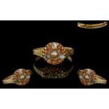 Antique Period - Ladies 15ct Coral Diamond and Pearl Set Dress Ring, With Decorative Setting /