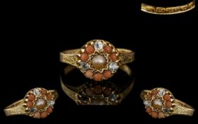 Antique Period - Ladies 15ct Coral Diamond and Pearl Set Dress Ring, With Decorative Setting /