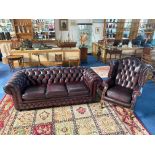 Three Seater Leather Chesterfield Sofa, Oxblood leather, traditional style button back, studded