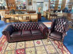 Three Seater Leather Chesterfield Sofa, Oxblood leather, traditional style button back, studded