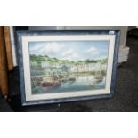 George Dolman Framed Watercolour, harbour scene Dartmouth, depicting trawlers and buildings.