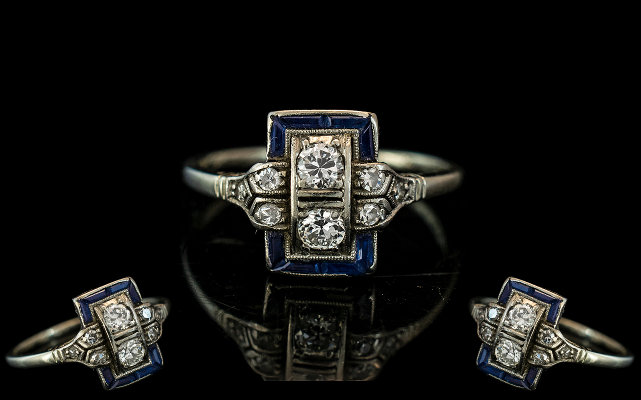 Ladies Platinum - Art Deco Period Diamond and Sapphire Set Dress Ring of Excellent Design / Style.