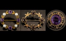 Antique Period Excellent Trio of Stone Set 9ct Gold Brooches. All Fully Hallmarked for 9.375.
