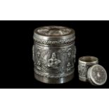 Indian Engraved Silver Lidded Pot, depicting deities with engraved decoration, measures 3'' tall x