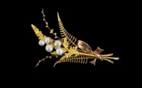 Ladies 9ct Gold Pearl Set Brooch In the Form of a Floral Spray. Great Detail. Marked 9ct. Height 2.