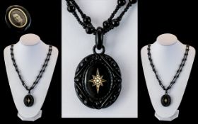 Whitby Jet - Mid 19th Century Mourning Locket ( Superb Quality ) Inset with Gold and Seed Pearls