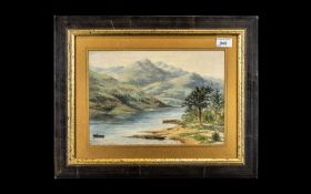 Antique Watercolour River Scene, with a man in a boat and mountains in the background, monogrammed