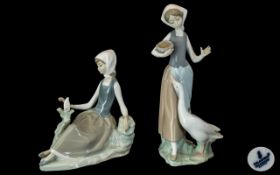 Lladro Pair of Hand Painted Porcelain Figures ( 2 ) Comprises 1/ Girl with Duck, Model No 1052.
