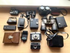 A Collection of Cameras to include Large pair of field binoculars,Med pair field binoculars in