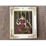 An Oriental Carved and Lacquered Metal Panel depicting Russian girl folk dancing in traditional