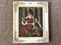 An Oriental Carved and Lacquered Metal Panel depicting Russian girl folk dancing in traditional