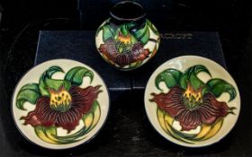 Collection of Moorcroft Items. Includes Small Vase, 3.75 Inches High. 2 / ( 2 ) Small Pin Dishes,