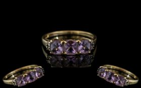 Lades 9ct Gold Attractive 5 Stone Amethyst and Diamond Set Ring. Fully Hallmarked to Interior of