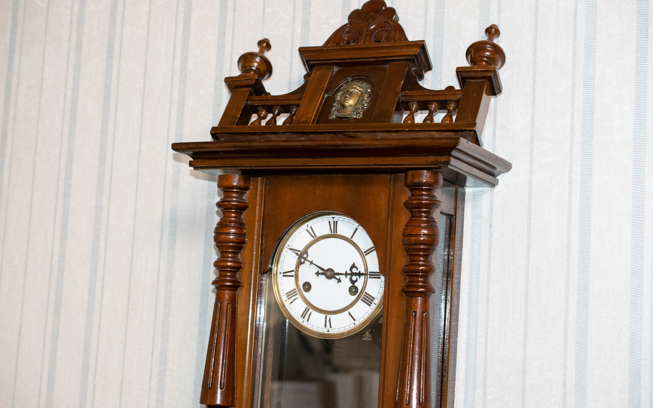 Victorian Style Wall Clock, with galleried top, centre brass decoration, column sides, white clock - Image 3 of 3