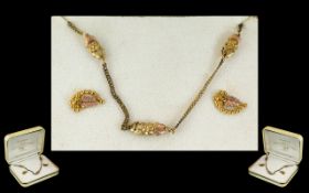 Black Hills Gold Pendant Necklace And Earring Set In Tricolour Gold, Naturalistic Design. In