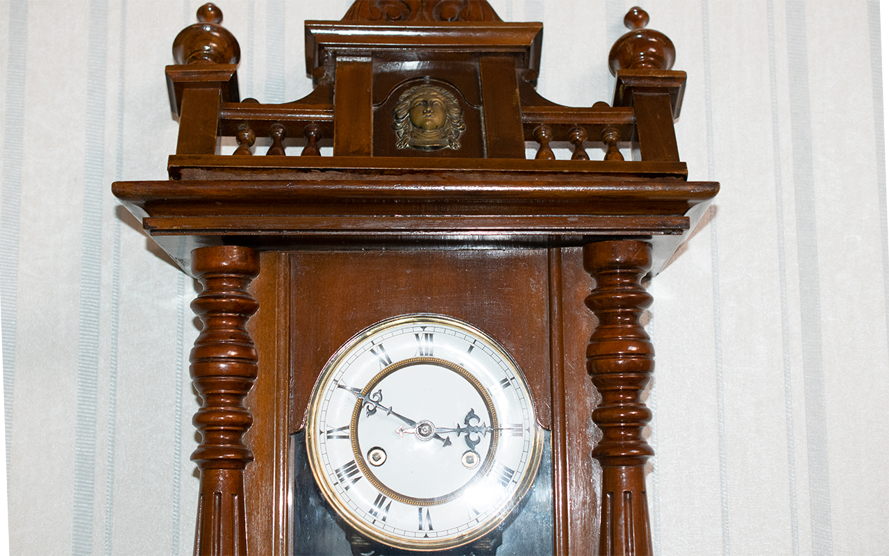 Victorian Style Wall Clock, with galleried top, centre brass decoration, column sides, white clock - Image 2 of 3