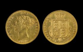 Queen Victoria - Bun Head Shield Back 22ct Gold Half Sovereign ( Scarce ) Date 1877. High Grade Coin