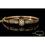 Victorian Period Ladies 15ct Gold - Pearl Set Hinged Bangle, With Safety Chain. Marked 15ct to