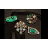 Collection of Four Stone Set Brooches, comprising a sterling silver brooch with a jade green