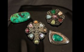 Collection of Four Stone Set Brooches, comprising a sterling silver brooch with a jade green