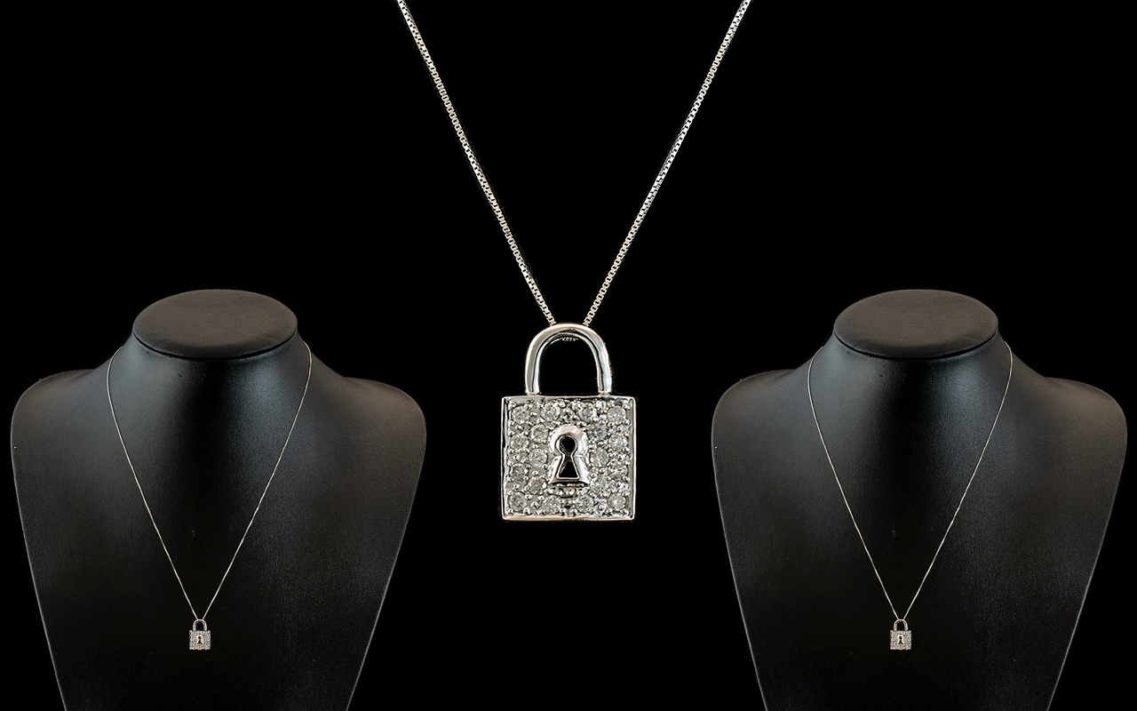 Diamond Set Padlock Pendant, set with round brilliant cut diamonds, suspended on a fine box link