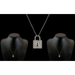 Diamond Set Padlock Pendant, set with round brilliant cut diamonds, suspended on a fine box link